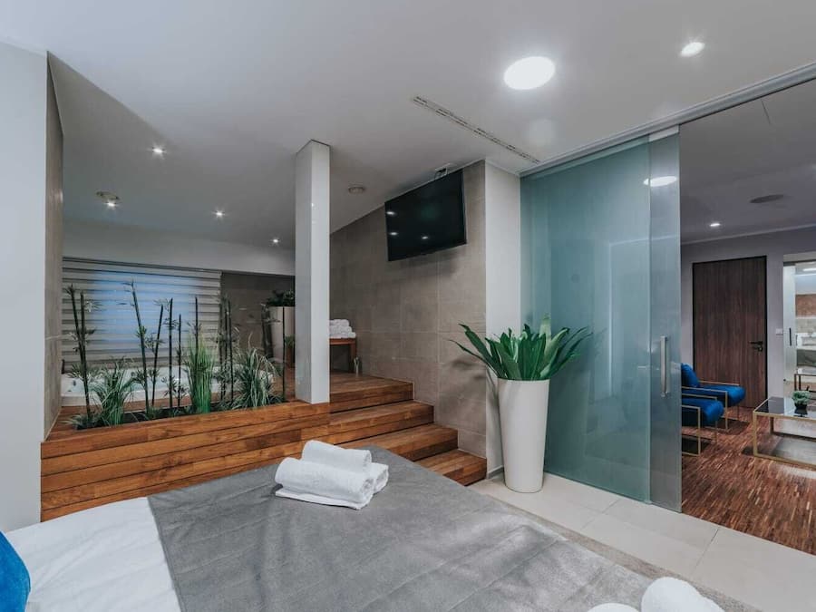 Apartamento de lujo, 2 habitaciones, bañera de hidromasaje | Zona de estar | Televisión de pantalla plana de 60 pulgadas con canales por satélite