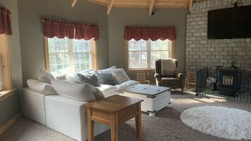 Smart TV, fireplace, books, offices