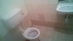 Et lille badeværelse med toilet og håndvask.