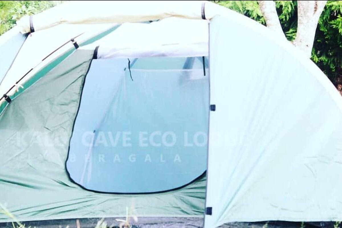 A tent with a rainfly and a window.