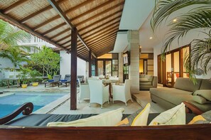 Outdoor pool - Experience Mawar Estate, a 7-bedroom private villa estate in Seminyak. Accommodates up to 14 guest, includes daily breakfast, a full-time private chef, airport transfers, complimentary massages, housekeeping, and a dedicated driver. (Seminyak)