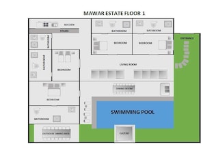 Floor plan - Experience Mawar Estate, a 7-bedroom private villa estate in Seminyak. Accommodates up to 14 guest, includes daily breakfast, a full-time private chef, airport transfers, complimentary massages, housekeeping, and a dedicated driver. (Seminyak)