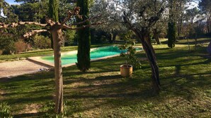 Patio trasero con piscina, rodeado de árboles y un césped.