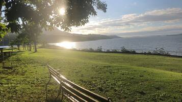 A park bench under a tree with a view of a lake and distant mountains.