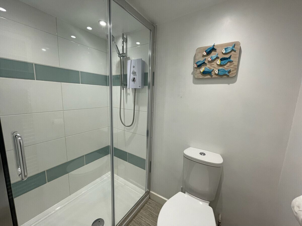 A modern bathroom with a glass-enclosed shower, a white toilet, and a wall-mounted sink.