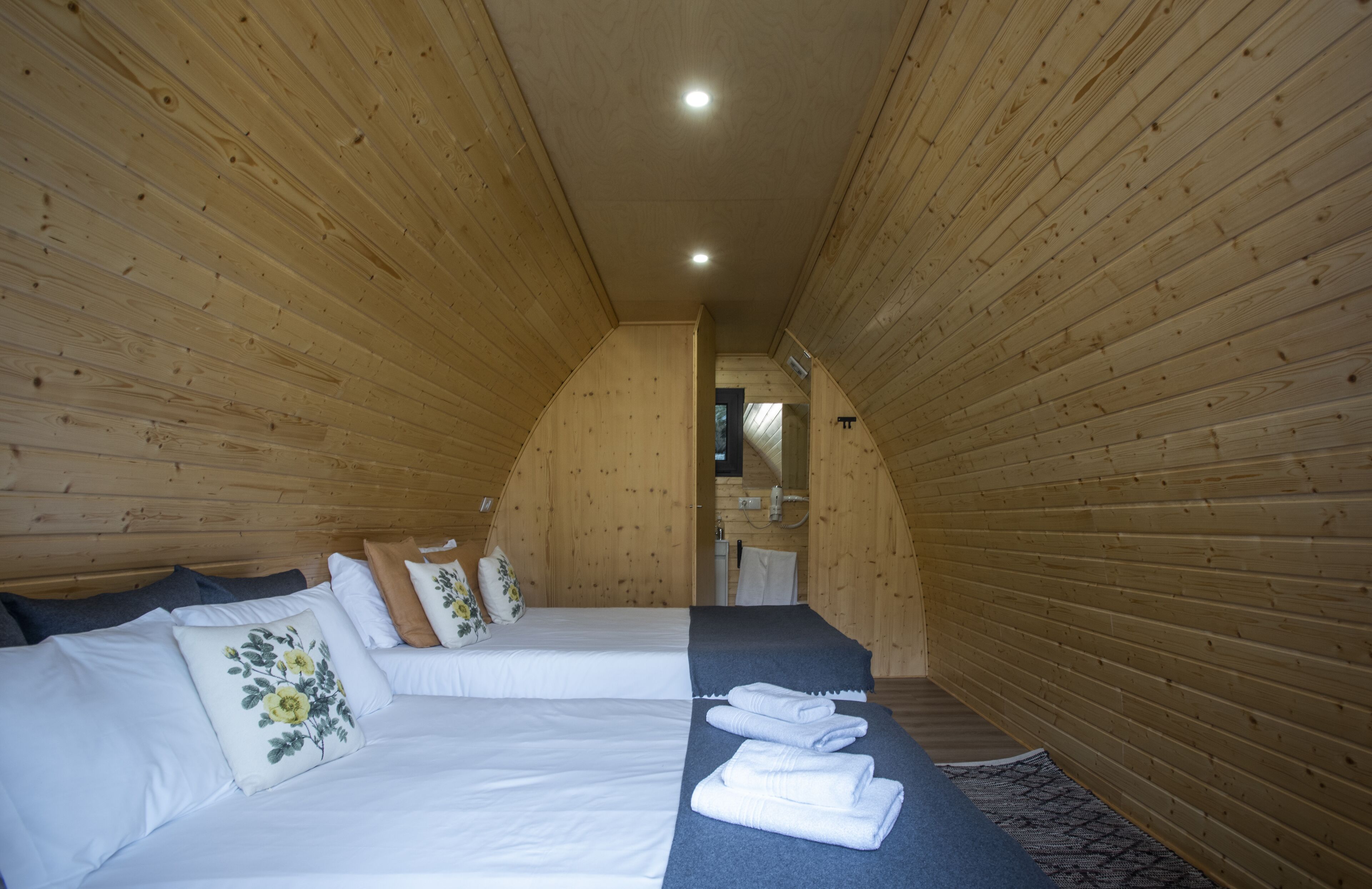 A wooden interior with two beds, pillows, and a blue carpet.