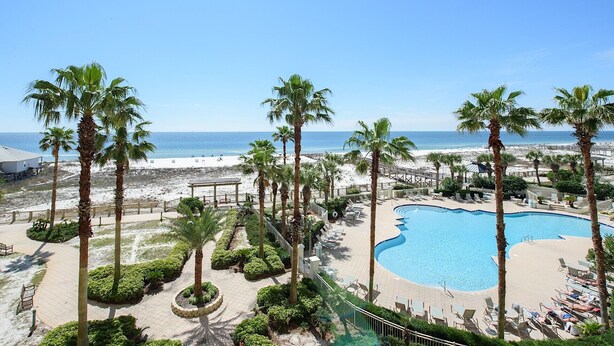 Ein Resort mit Pool, Palmen und Blick auf den Strand.