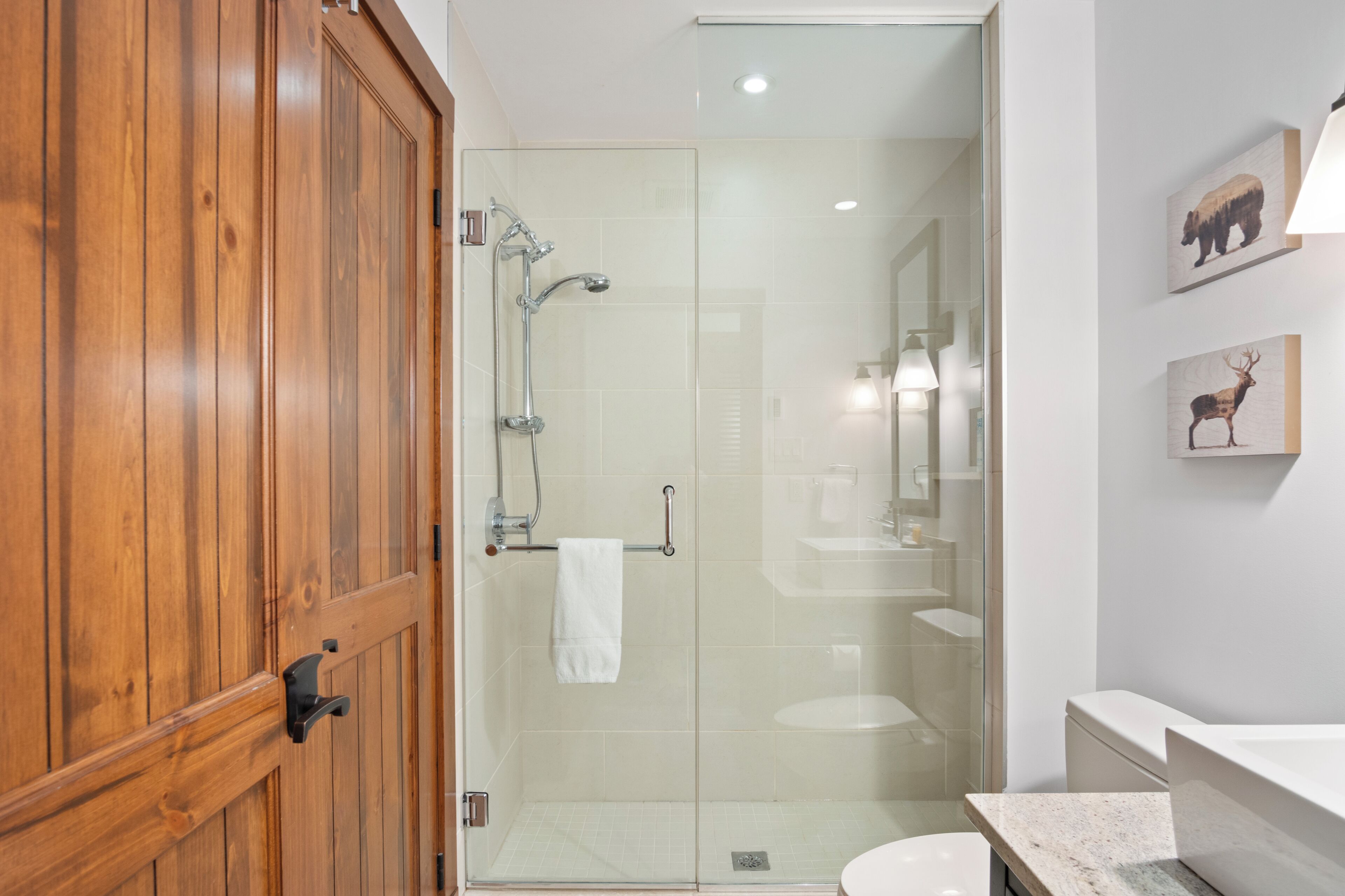 A bathroom with a glass shower enclosure, wooden door, and a white sink.