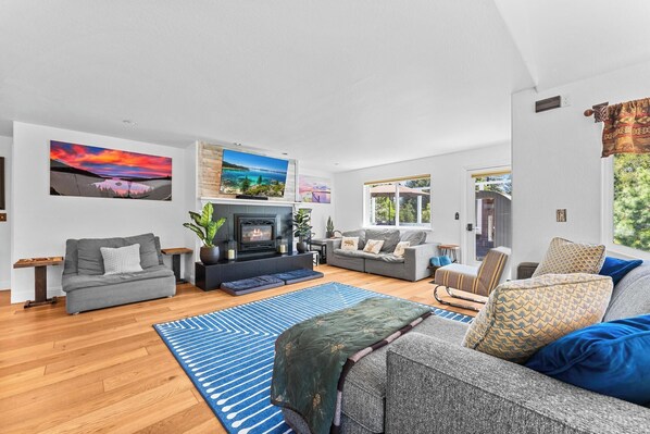 TV, fireplace, video games, stereo