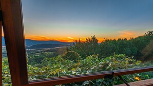 A scenic view through a window with a wooden frame, overlooking a landscape with trees and distant hills. - Poggio Medei 10, Emma Villas (Città della Pieve)