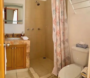 Een badkamer met douche, toilet en wastafel.
