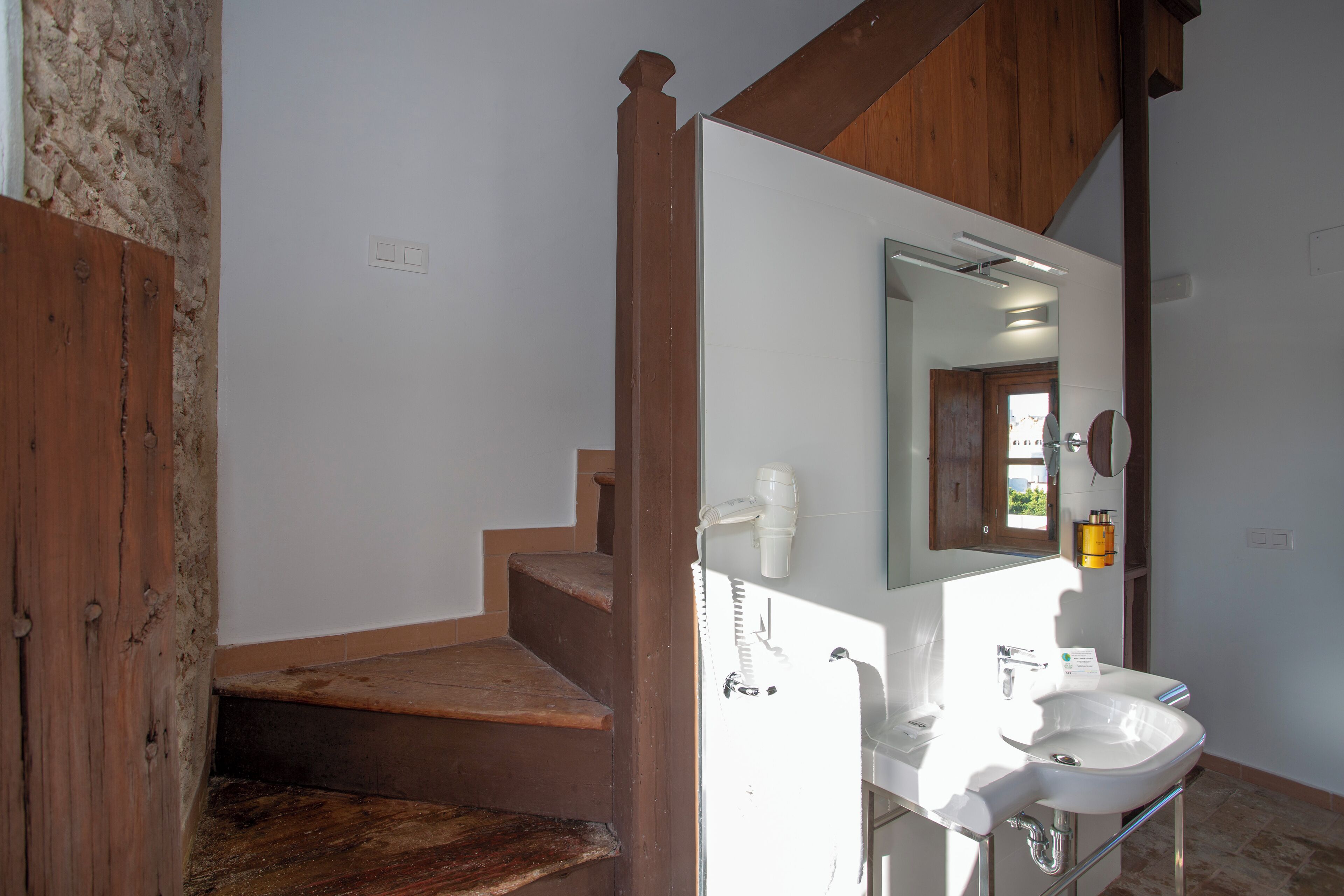 superior double room | bathroom | shower, hair dryer, towels, soap