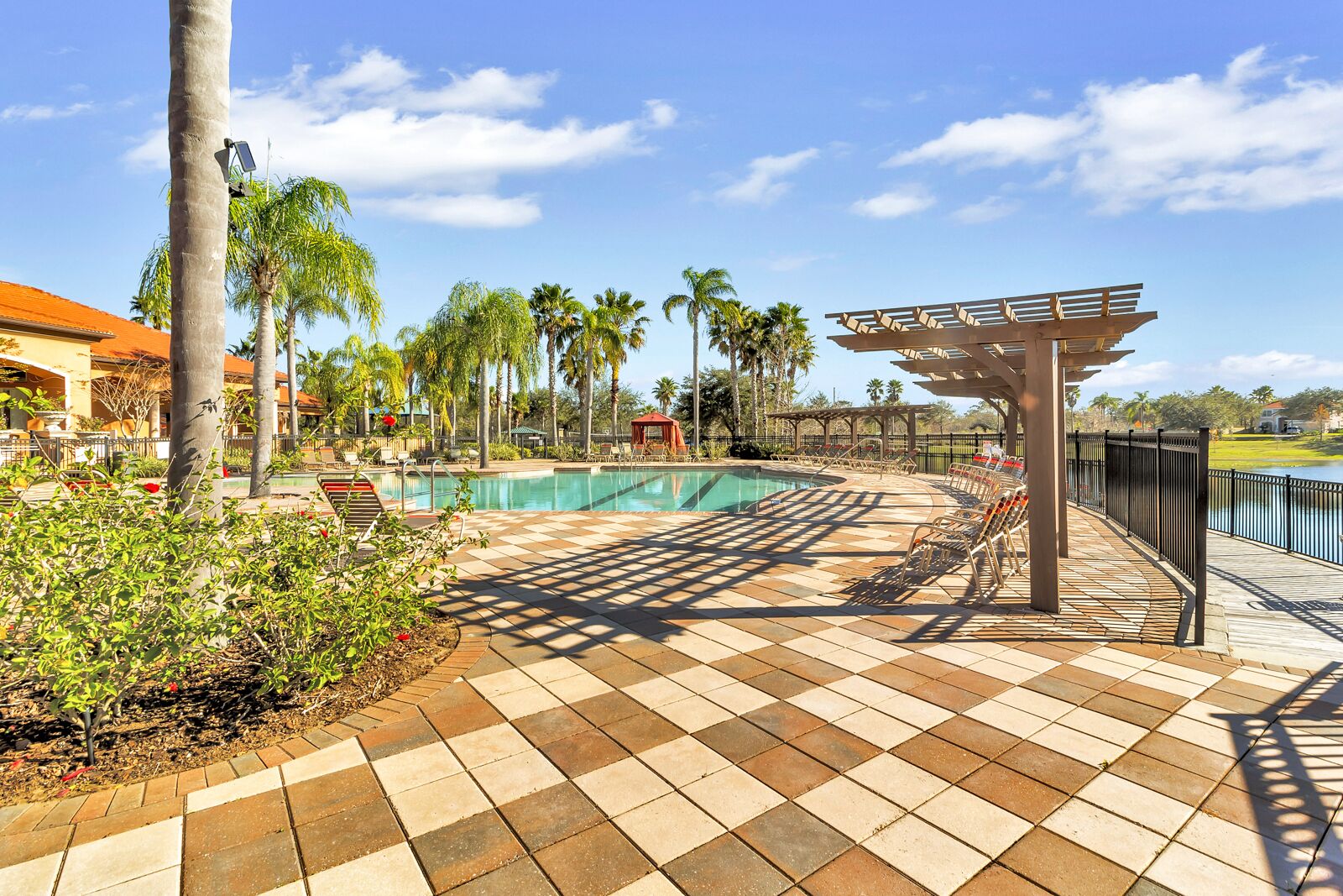 A pool area with a pergola, lounge chairs, and palm trees.