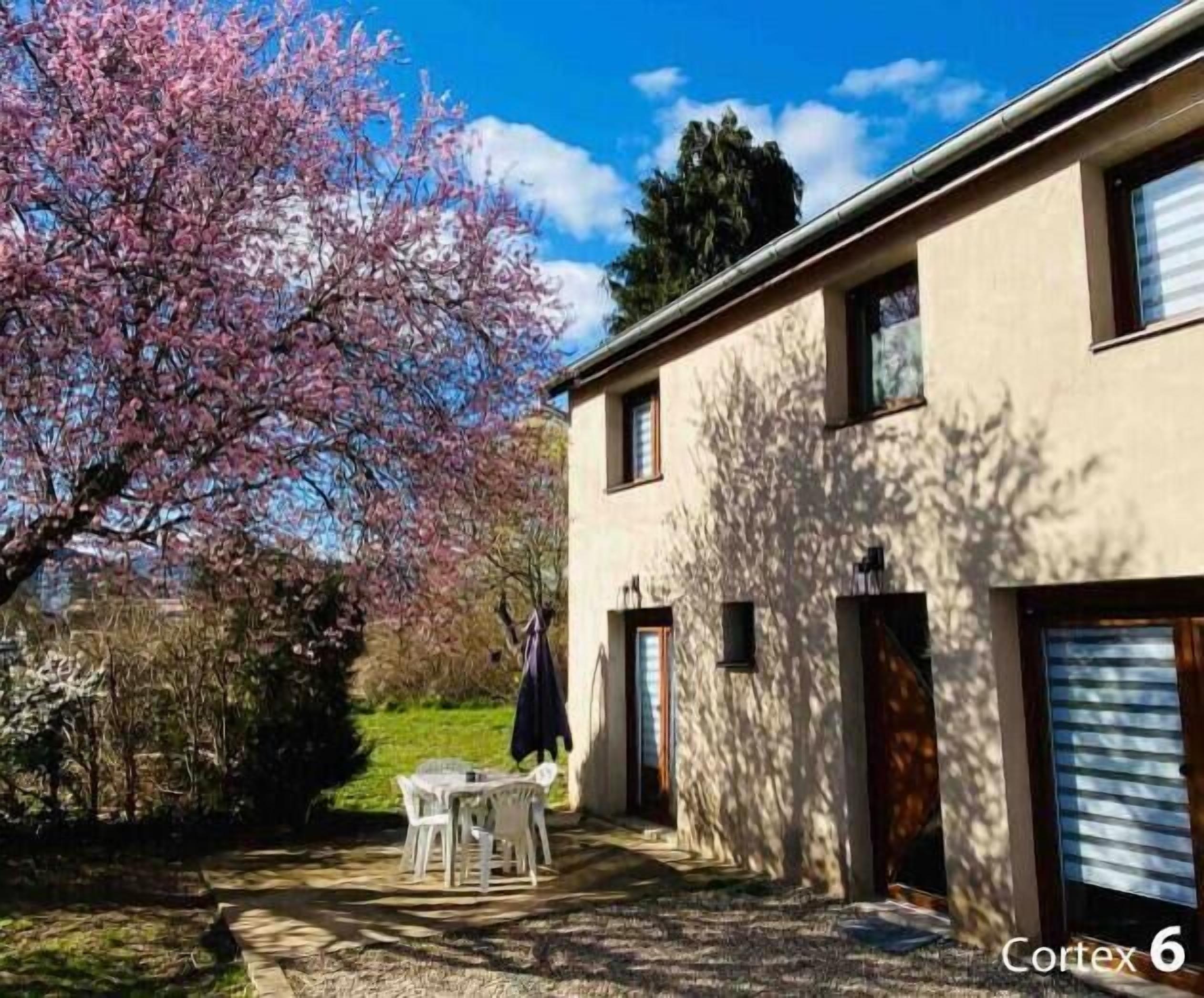 A two-story building with a garage door, a small patio with a table and chairs, and a tree with pink blossoms.