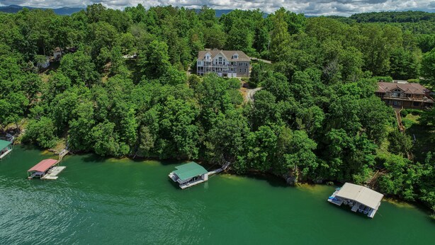 Una casa grande rodeada de un bosque frondoso, con un muelle que se adentra en un lago verde.