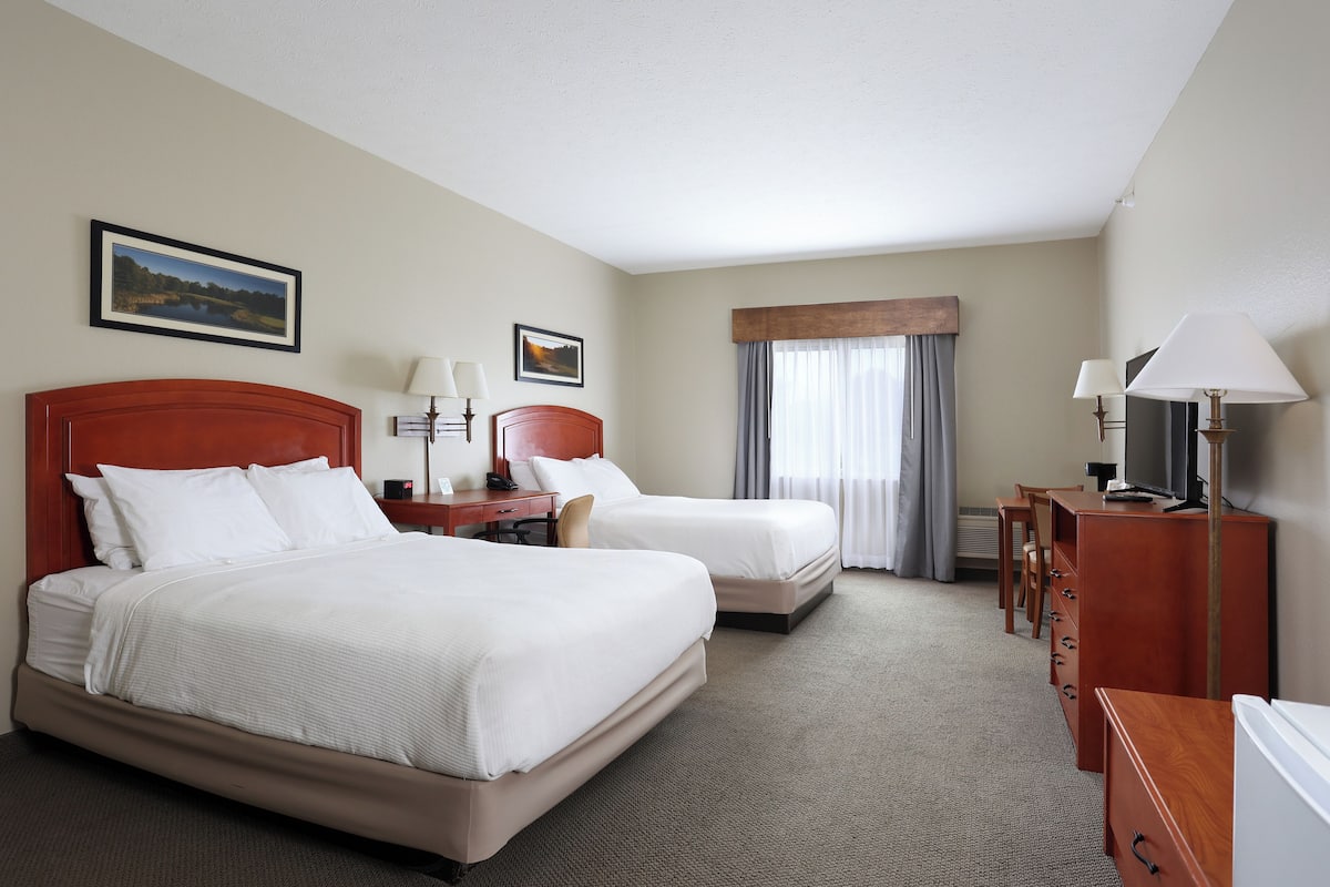 desk, laptop workspace, blackout curtains, iron/ironing board