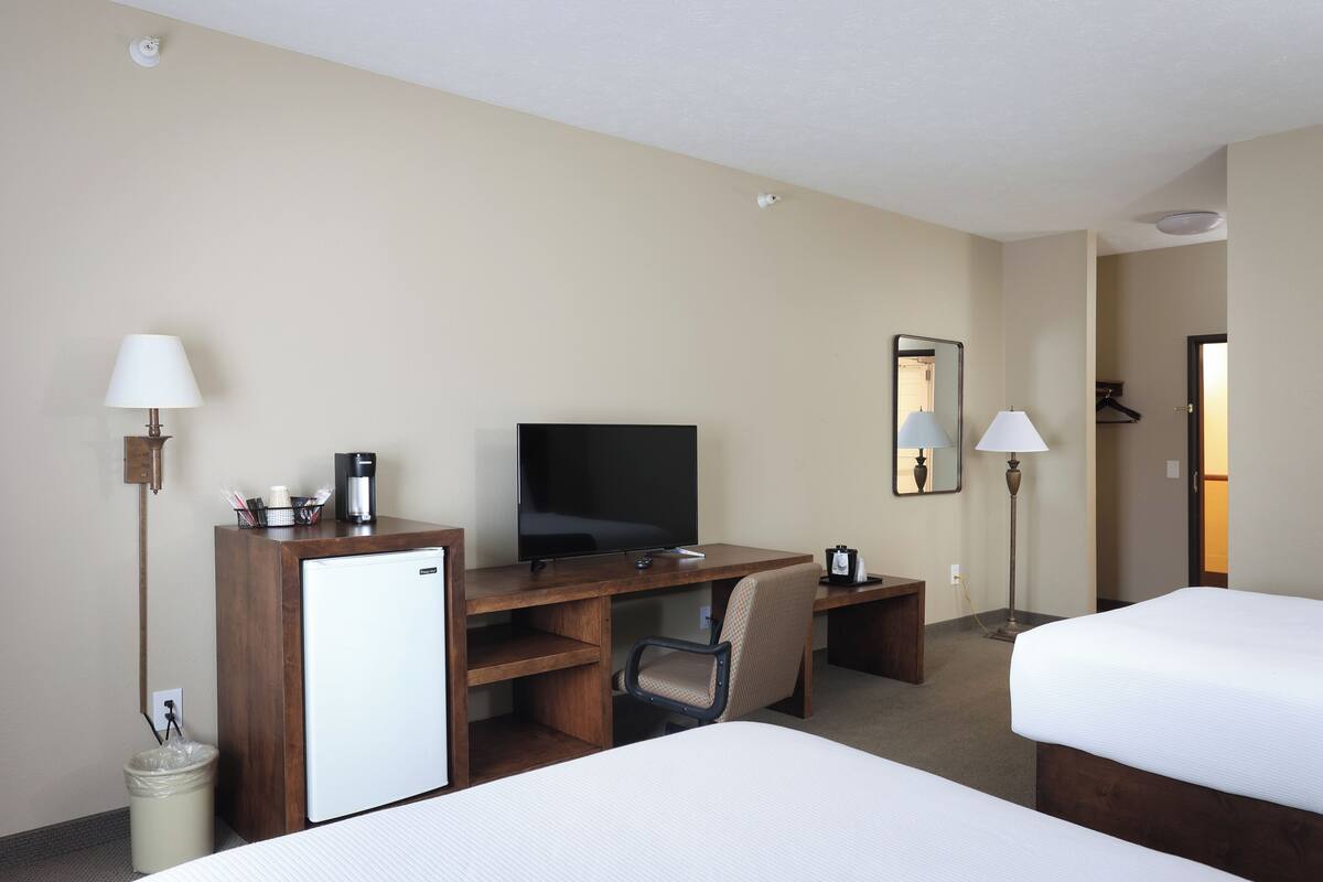 desk, laptop workspace, blackout curtains, iron/ironing board