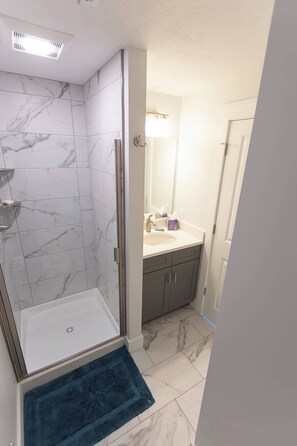 Combined shower/tub, hair dryer