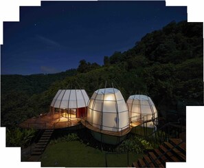 Drei geodätische Kuppelkonstruktionen mit Holzdecks und Treppen, umgeben von üppiger Vegetation und einem Sternenhimmel.
