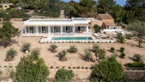 Una villa moderna con piscina, immersa in giardini curati e alberi.
