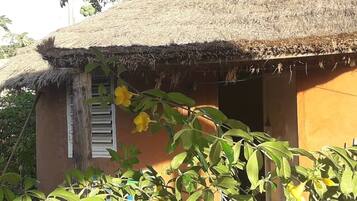 Una pequeña casa con techo de paja, una ventana y una puerta, rodeada de exuberante follaje.