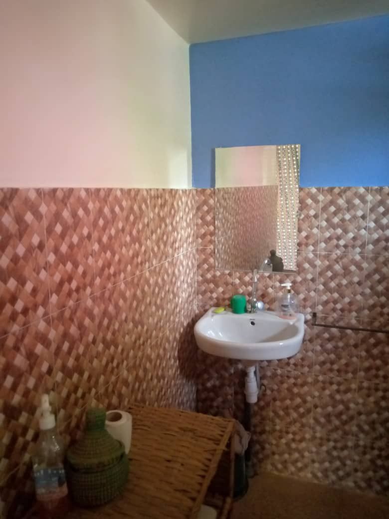 A bathroom with a patterned wall, a sink, and a mirror.