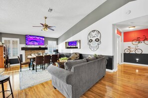 Smart TV, fireplace, video games, foosball