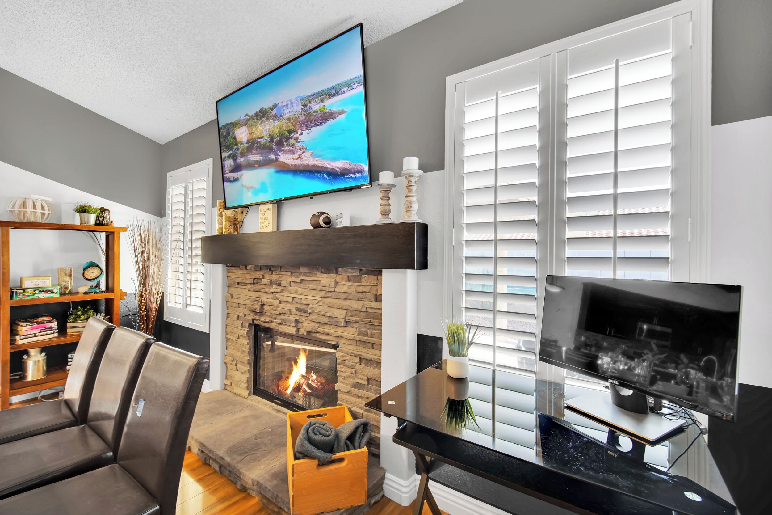 Smart TV, fireplace, video games, table football