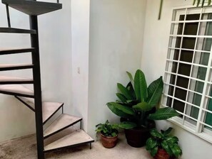 Eine Hausecke mit einer Wendeltreppe, einem fensterartigen Gitter und mehreren Blumentöpfen.
