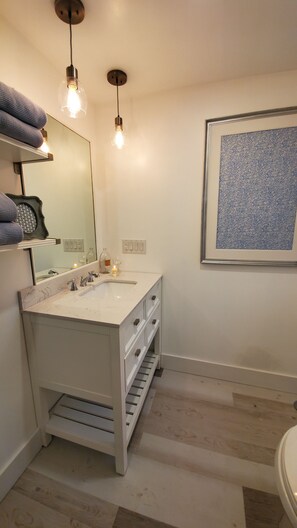 Combined shower/bathtub, hair dryer, towels, soap