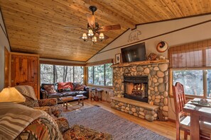Smart TV, chimenea y libros 