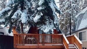 Eine Holzterrasse mit einer Treppe, die zu einem überdachten Bereich führt, umgeben von schneebedeckten Bäumen.