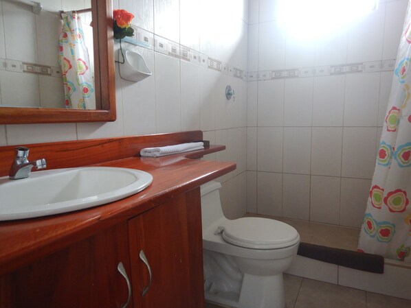 Un baño con tocador de madera, lavamanos blanco, inodoro y cortina de ducha.