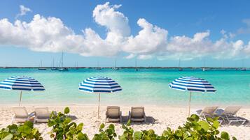 On the beach, sun-loungers, beach umbrellas, beach towels