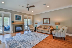 House, 5 Bedrooms | Living room | 50-inch flat-screen TV with cable channels, TV, fireplace - Gulf Dreams by Bliss Beach Rentals (Santa Rosa Beach)