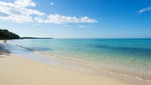 A beach with clear turquoise water, a sandy shore, and a distant tree line. - Luna Sea Inn Ocean view (Bluefields)