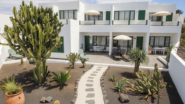 Un edificio moderno con un patio que cuenta con cactus y plantas en macetas, asientos al aire libre y un sendero de piedra.