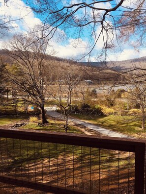 A view from a fenced area with a pathway leading through a natural landscape.