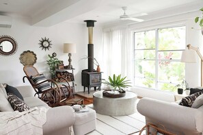 TV, fireplace, DVD player, books