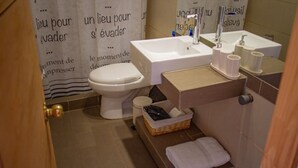 Une salle de bain équipée de toilettes, d’un lavabo et d’un panier contenant des articles de toilette.