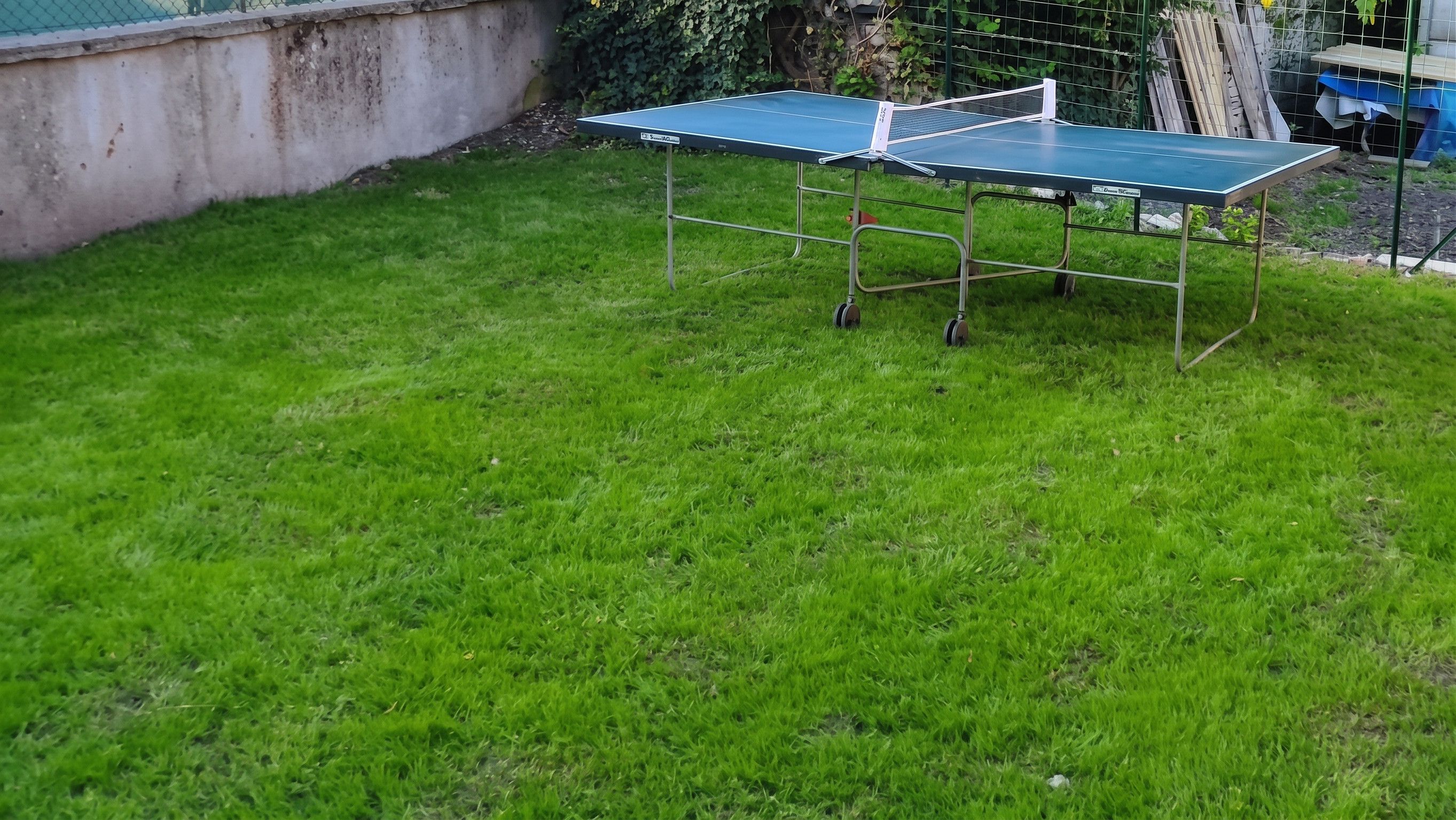 A ping pong table in a grassy outdoor area.
