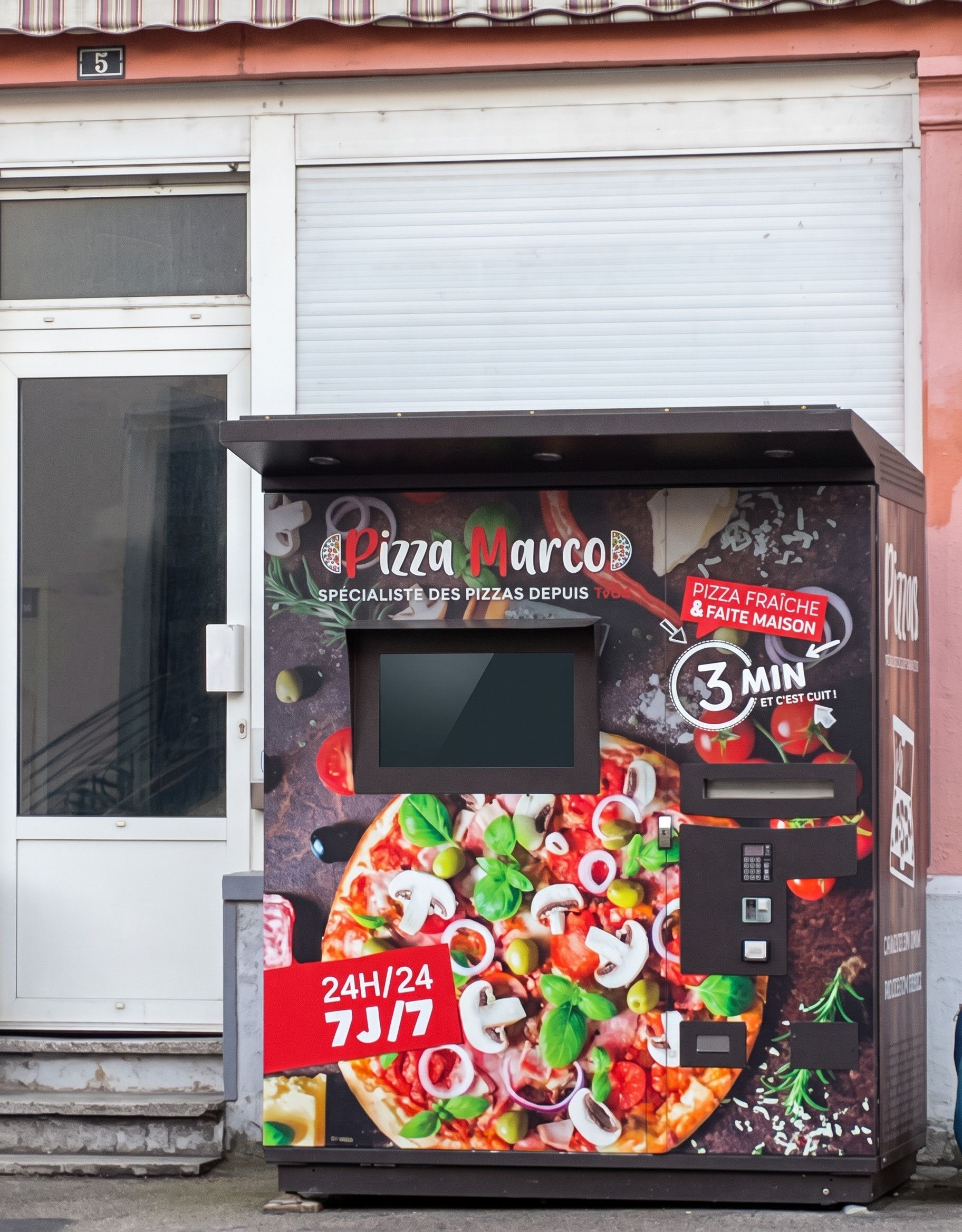 A pizza vending machine with a digital display, operating 24/7, and a sign indicating a 3-minute wait time.
