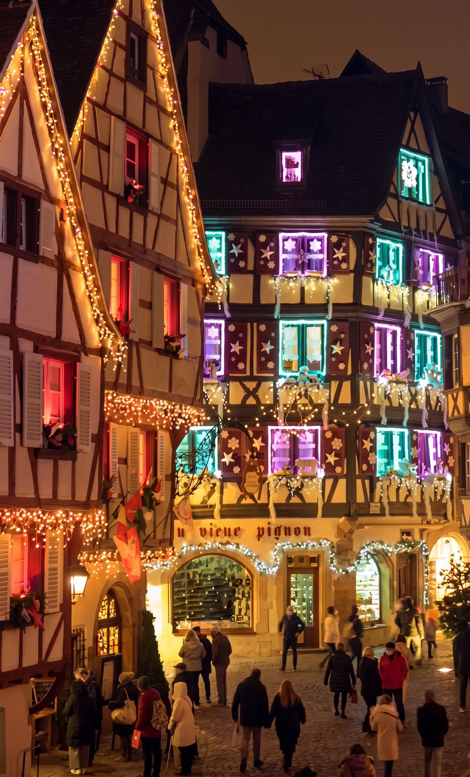 A traditional European building with illuminated windows and festive decorations.