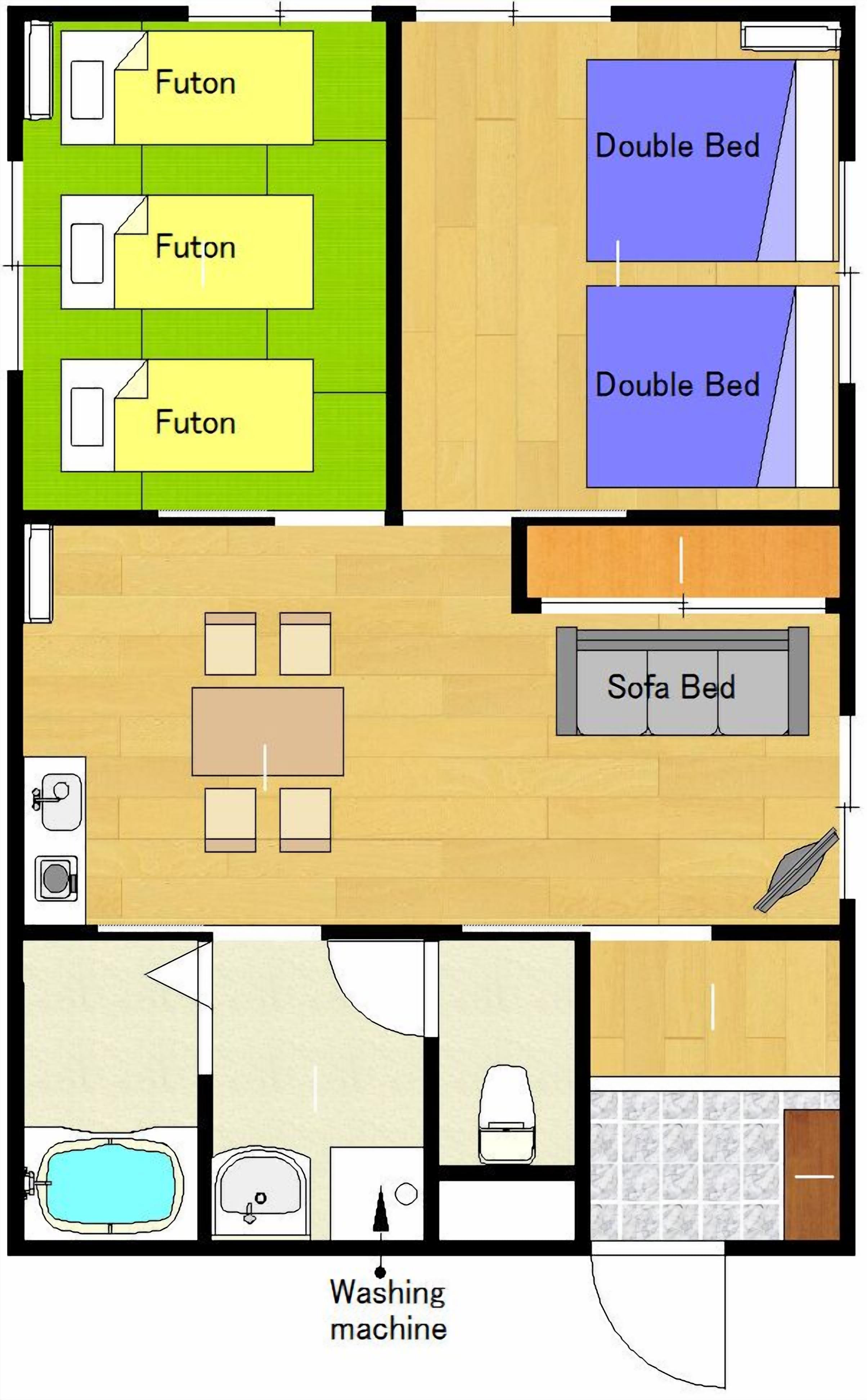 A floor plan with three futons, two double beds, a sofa bed, a dining area, a kitchen, and a washing machine.