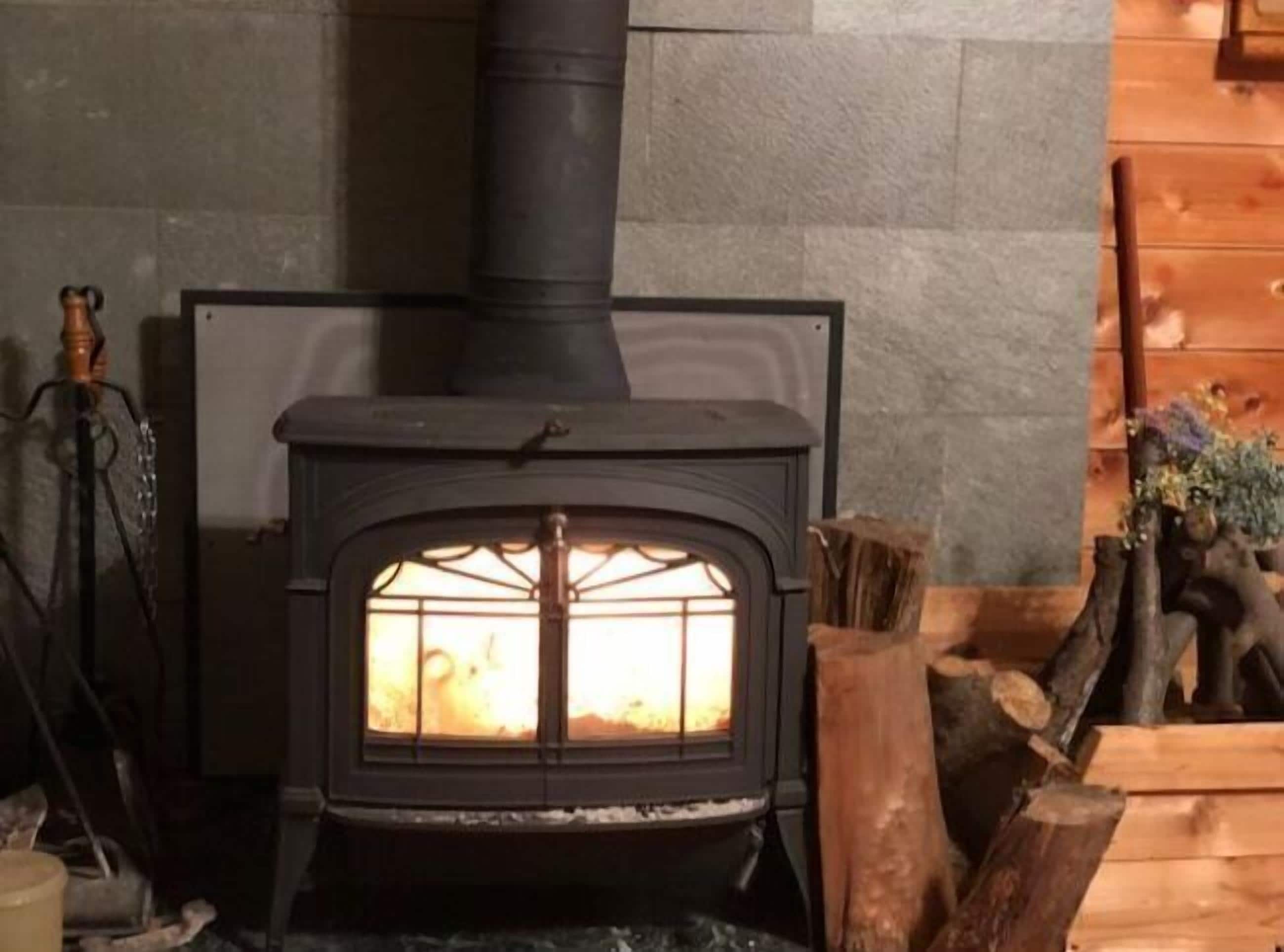 A wood-burning stove with a glass door, surrounded by logs and a rustic setting.