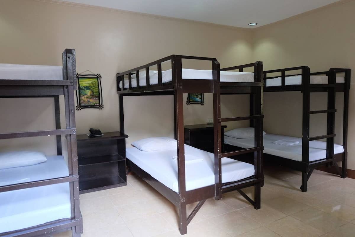 A room with bunk beds, a small desk, and a framed picture on the wall.