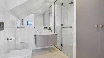Shower, free toiletries, hair dryer, towels