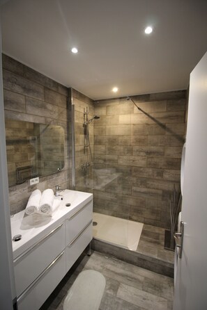 Douche, serviettes fournies, papier toilette