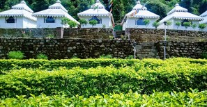 A row of white, traditional-style buildings with flat roofs, surrounded by well-maintained green hedges. - Morni Hills Resort (Panchkula)