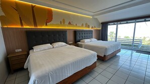 A hotel room with two beds, a large window, and a mural on the wall. - Amanda Hills Bandungan (Bandungan)